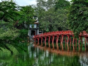 The Huc Bridge connecting the two banks preserves the cultural beauty of Hanoi