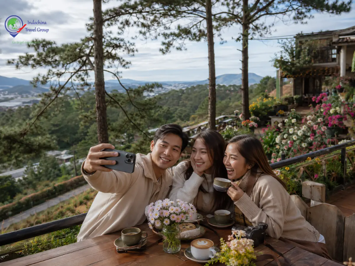 Filipino travelers enjoying a scenic café in Da Lat Vietnam