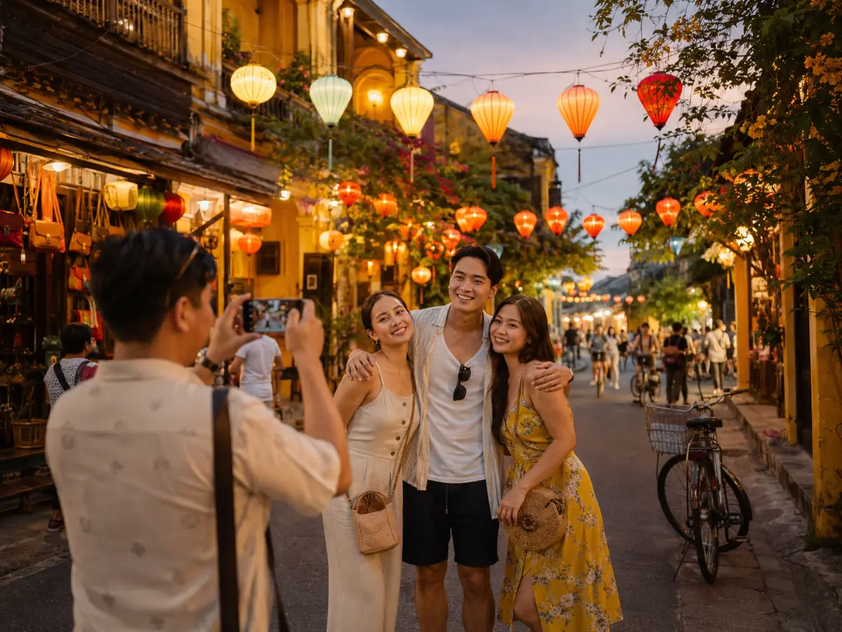 Filipino travelers taking photos in Hoi An Ancient Town Vietnam