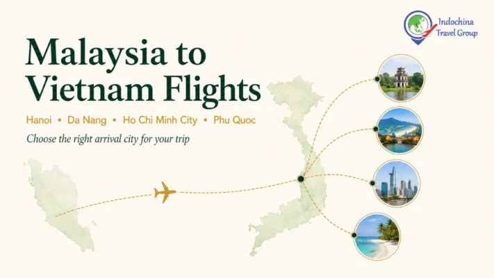 Malaysia to Vietnam flight planning image showing Hanoi, Da Nang, Ho Chi Minh City and Phu Quoc as arrival options.