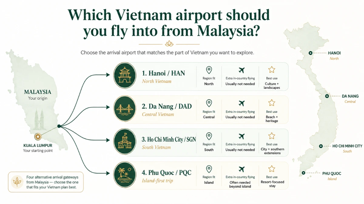 Visual guide comparing Hanoi, Da Nang, Ho Chi Minh City and Phu Quoc as Vietnam arrival airports for travellers from Malaysia.