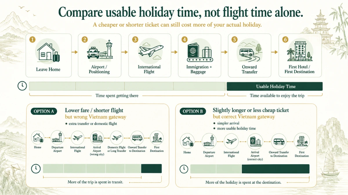 Comparison infographic showing how different flight choices affect usable holiday time on a Vietnam trip from Malaysia.