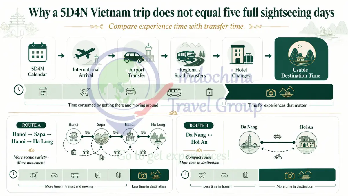 5D4N Vietnam Trip: Usable Destination Time vs Transfer Time Visual comparison showing how international arrival, transfers and hotel changes reduce usable sightseeing time on a 5D4N Vietnam trip.