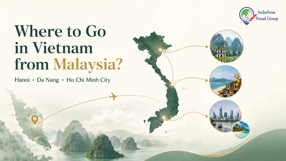 Malaysia to Vietnam travel decision showing Hanoi, Da Nang and Ho Chi Minh City as three regional trip options.