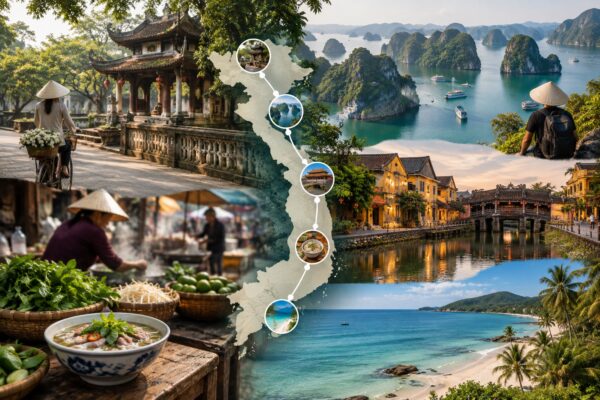 Vietnam travel route connecting culture, food, nature and beach experiences